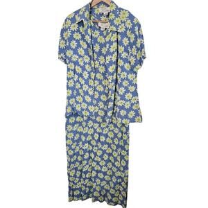 Vintage 90s Floral Dress Womens 14 Blue Floral 2 Piece Midi Boho Cottage Prairie